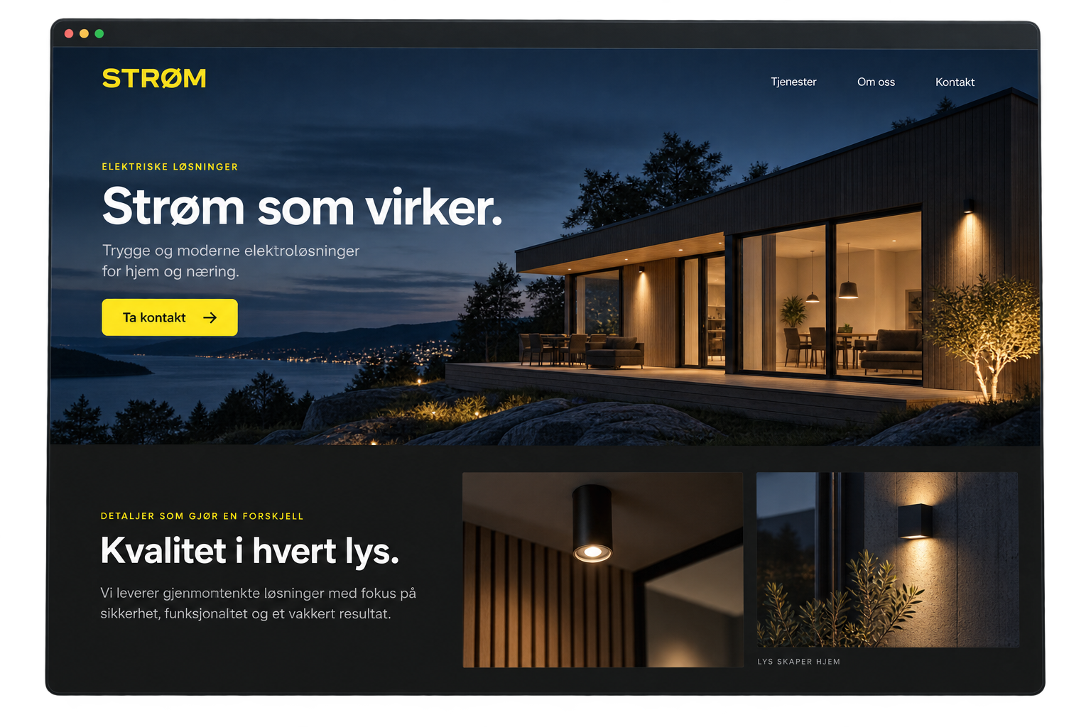 Fiktivt nettsidedesign for en elektriker med mørk hero, kort overskrift og tydelig kontaktknapp.