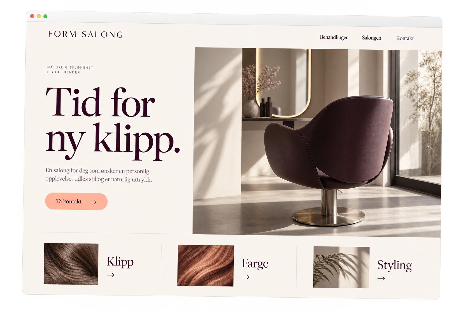 Fiktivt nettsidedesign for en frisørsalong med redaksjonell layout, behandlingsliste og kontaktknapp.