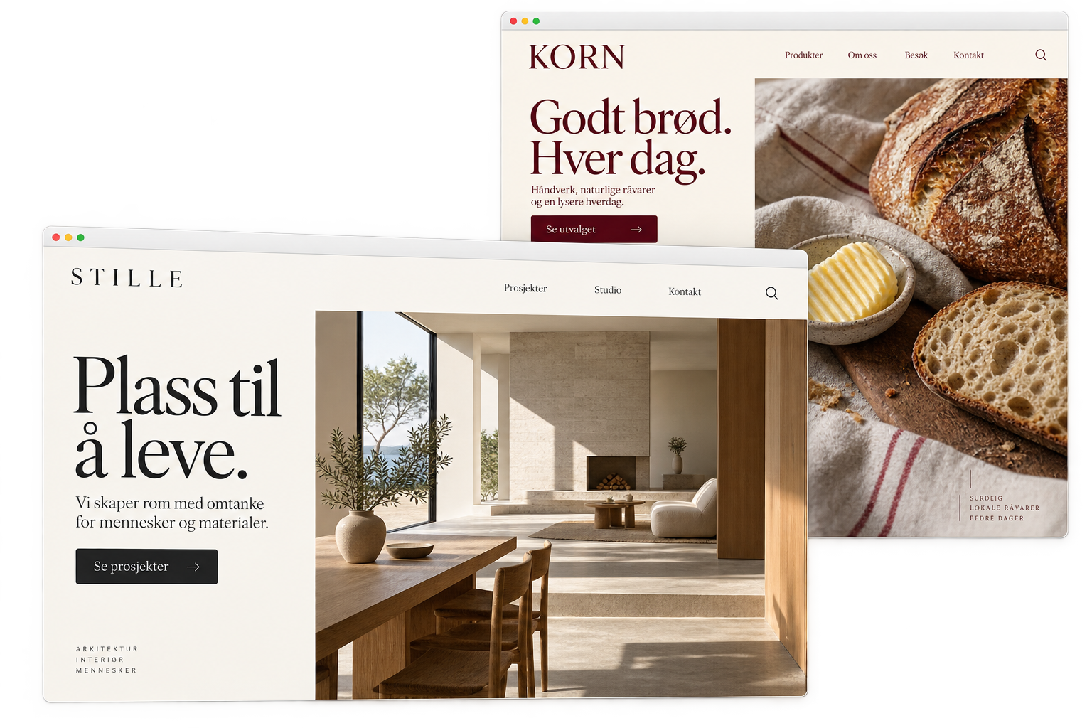 To fiktive nettsidedesign i to overlappende vinduer, ett for en arkitekt og ett for et bakeri, som viser hvordan en nettside fra Double Digital kan se ut.