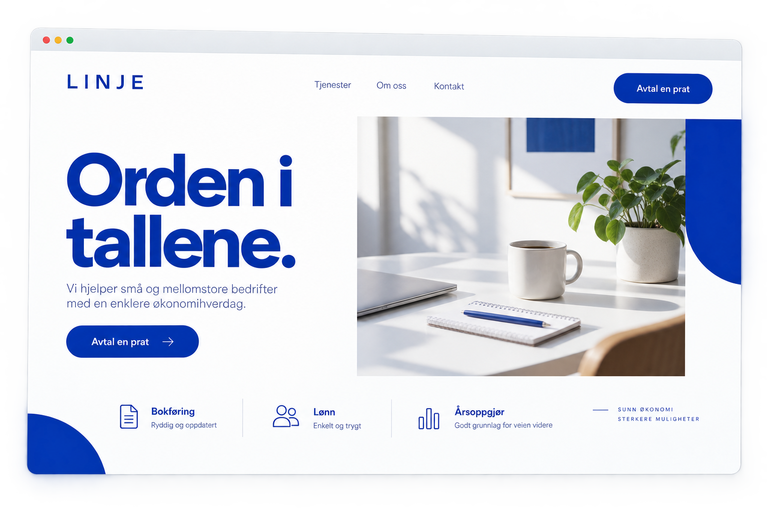 Fiktivt nettsidedesign for et regnskapsbyrå med rolig redaksjonell layout og kort forklarende tekst.