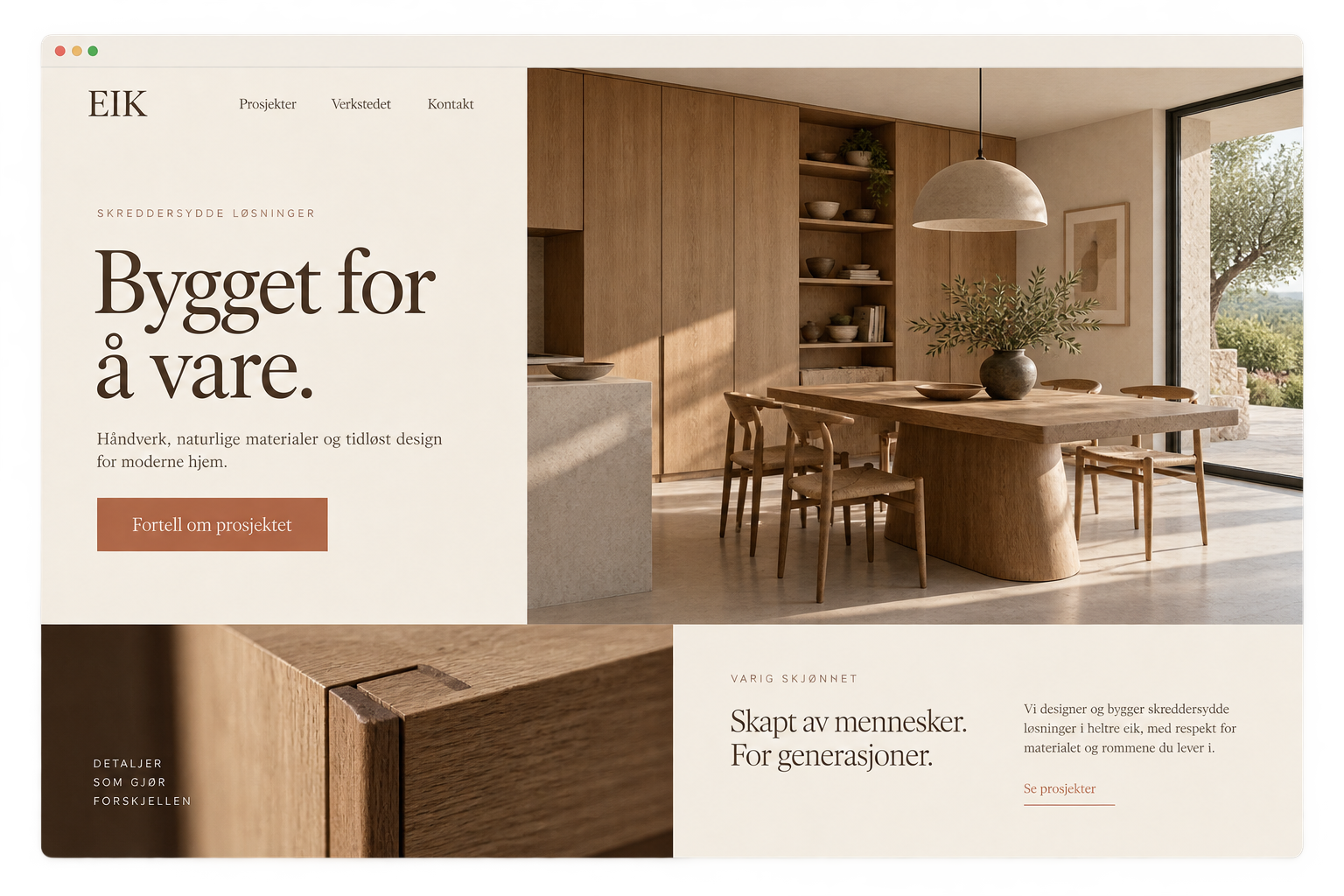 Fiktivt nettsidedesign for et snekkerverksted med stort bilde av trearbeid og kort tekst om bestilling.